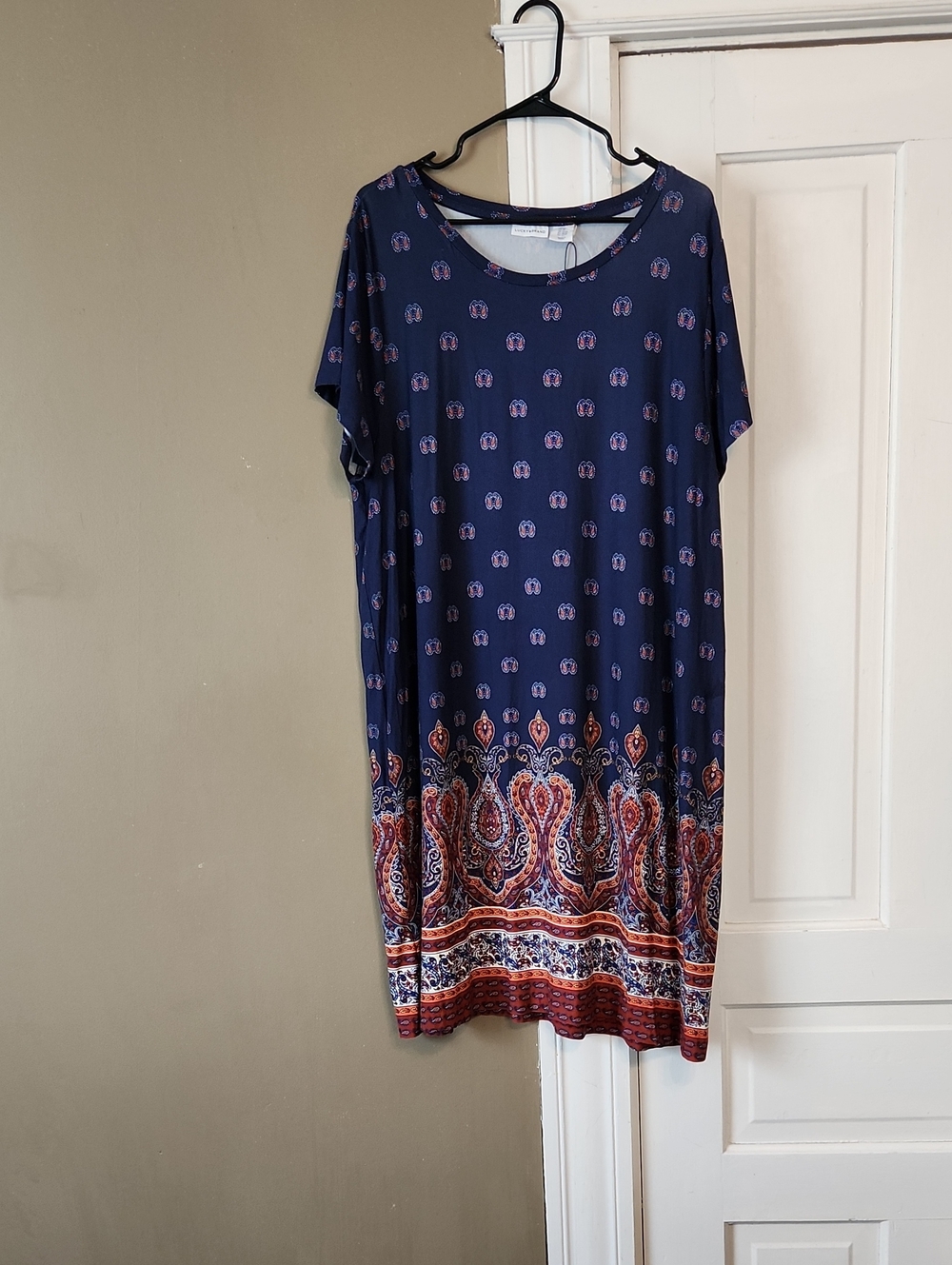 Lucky Brand Navy Paisley Border Shift Dress with Rust Accents